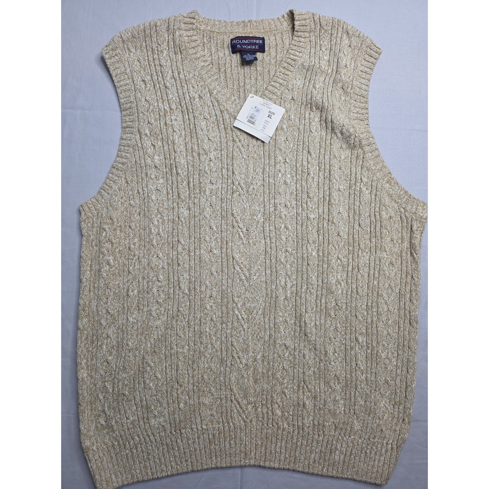 Roundtree & Yorke Sweater Vest Men's XL Beige Cotton Cable Knit V-Neck Winter